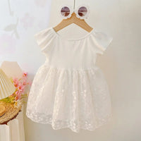 Girls White Floral Embroidery Lace Net Round Neck Fit & Flare Dress Casual Dresses