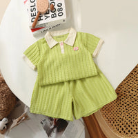 Girls Green Short Sleeve Textured Polo T-Shirt With Shorts Sets 2 pc. Sets Green 1-2 Y