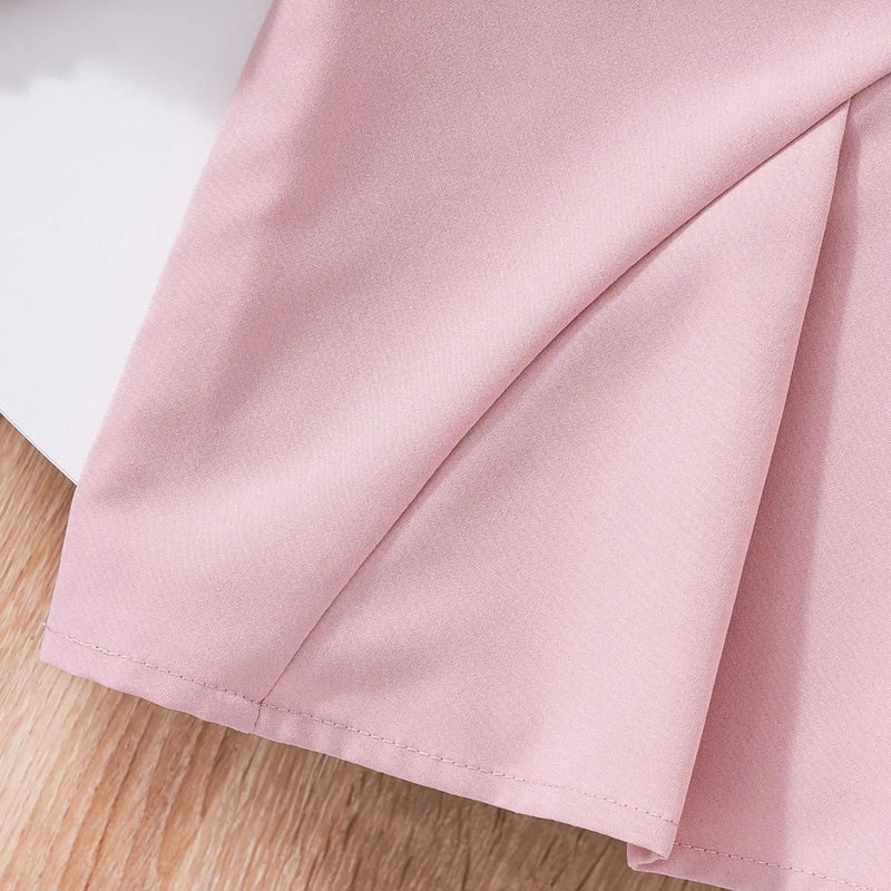 Girls White Puff Sleeves Collared Top With Pleated Skirts Set Sets