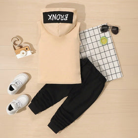 Boys Beige Typography Print Hooded Vest With Joggers Sets 2 pc. Sets