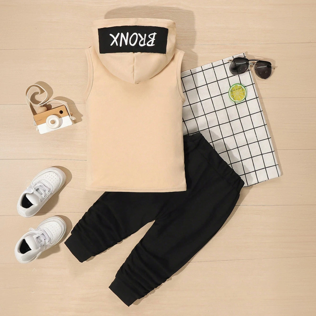 Boys Beige Typography Print Hooded Vest With Joggers Sets 2 pc. Sets