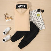Boys Beige Typography Print Hooded Vest With Joggers Sets 2 pc. Sets