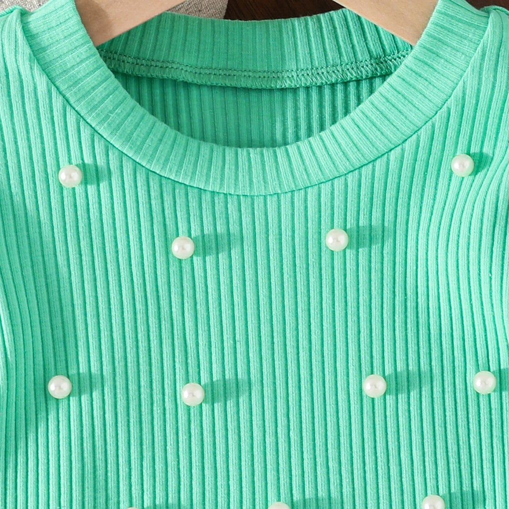Girls Green Pearl Embellished Top With Denim Shorts Set Sets