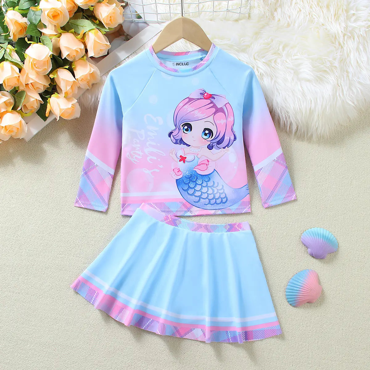 Girls Light Blue Graphics Long Sleeves T-Shirt With Skirts Swimwear Sets Beachwear Light Blue 3-4 Y