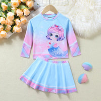 Girls Light Blue Graphics Long Sleeves T-Shirt With Skirts Swimwear Sets Beachwear Light Blue 3-4 Y