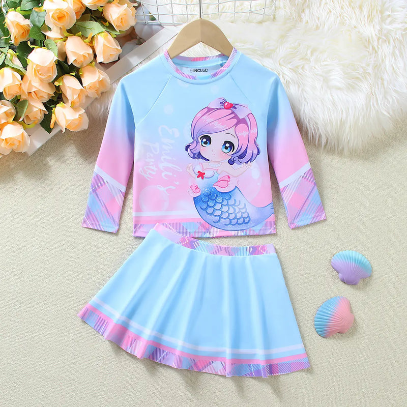 Girls Light Blue Graphics Long Sleeves T-Shirt With Skirts Swimwear Sets Beachwear Light Blue 3-4 Y