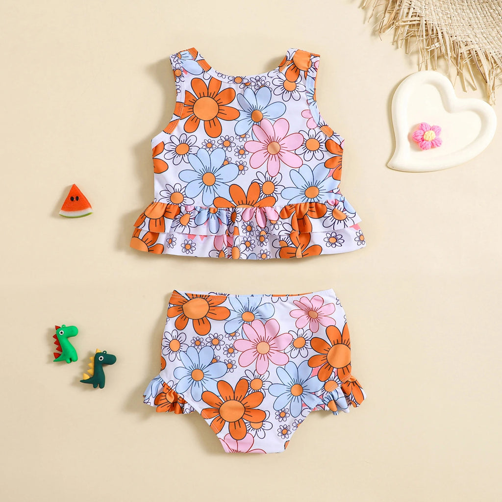 Girls Multicolor Floral Printed Peplum Top With Briefs Swimwear Sets Sets