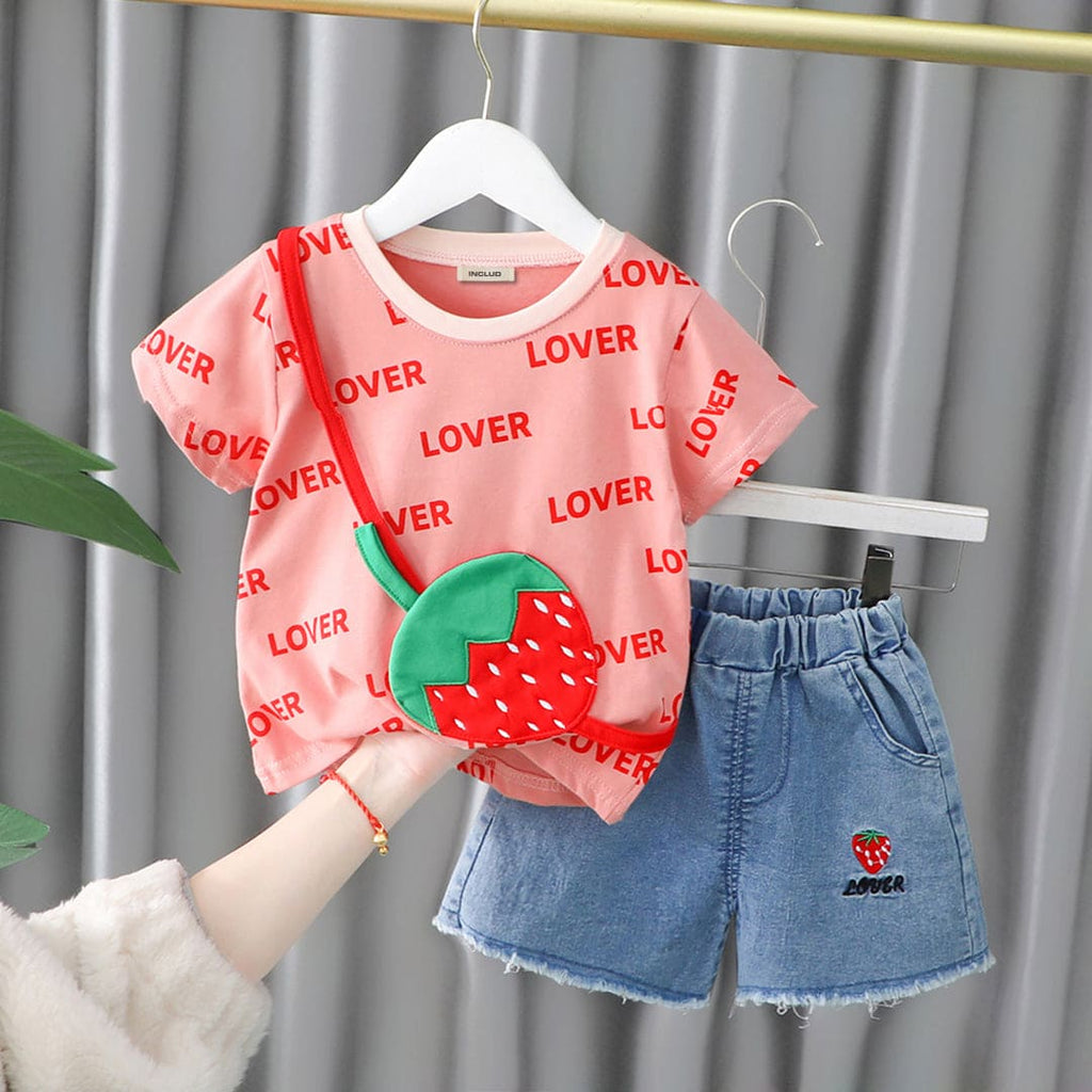 Girls Pink Strawberry Applique T-Shirt With Denim Shorts Sets   