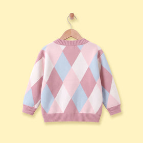 Girls Multicolour Diamond Jacquard Long Sleeve Cardigan Sweaters & Cardigans