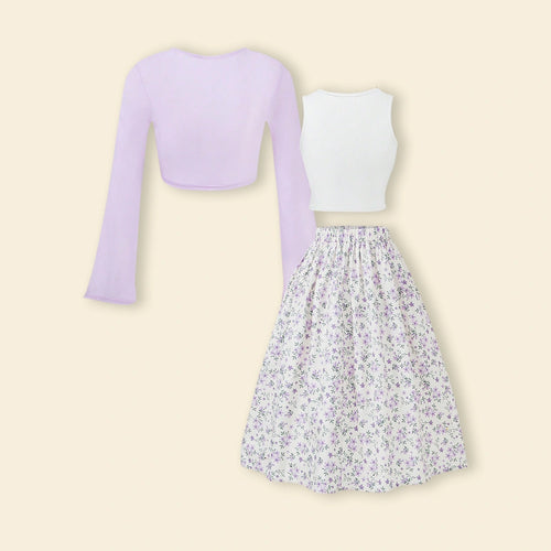 Girls Purple Floral Bell Sleeve Shrug With Tank Top & Printed Skirts Sets Sets