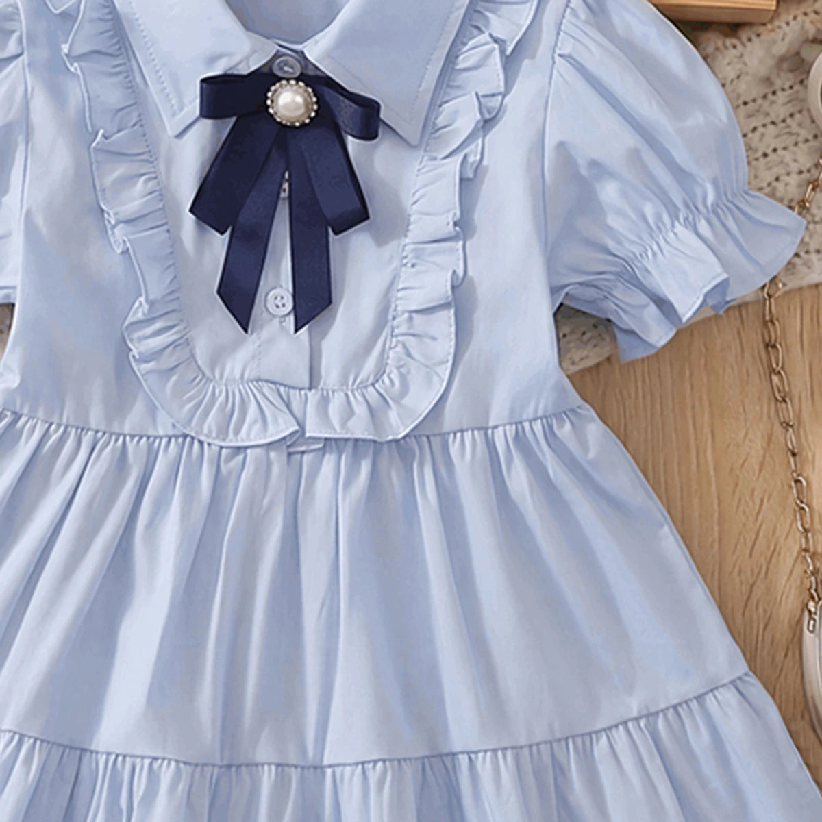 Girls Light Blue Puff Sleeve Tiered Dress Casual Dresses