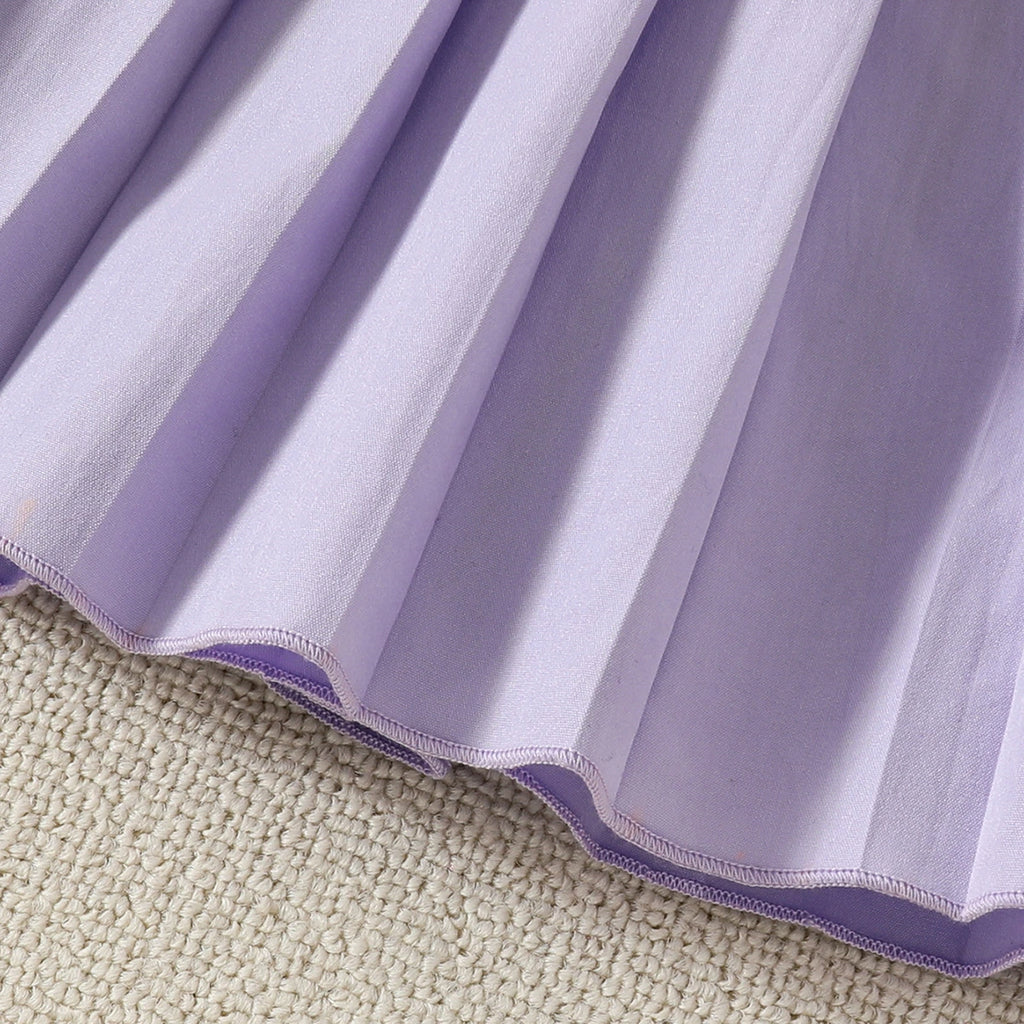 Girls Purple Flower Applique Sleeveless Top With Pleated Skirt Sets Sets