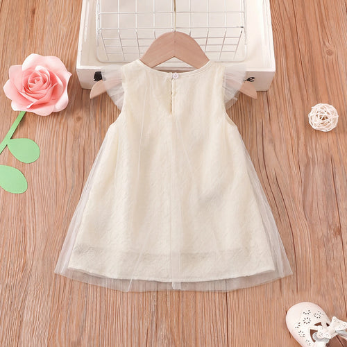 Girls Off White Heart Applique Flutter Sleeve Dress Casual Dresses
