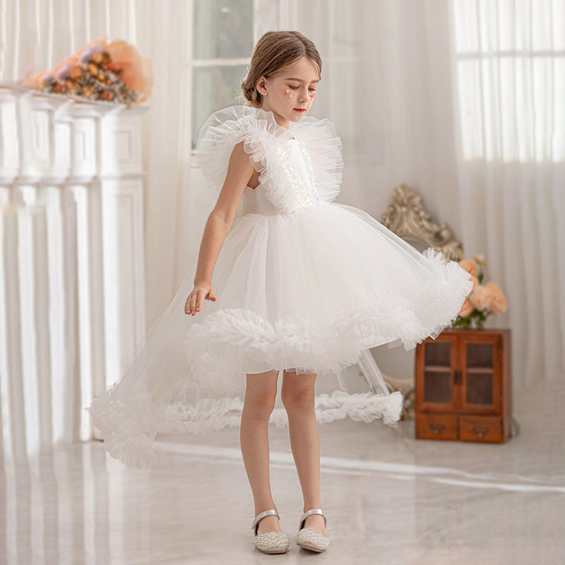 Girls White Ruffle Tulle Mullet Dress with Statement Back Bow Party Dresses