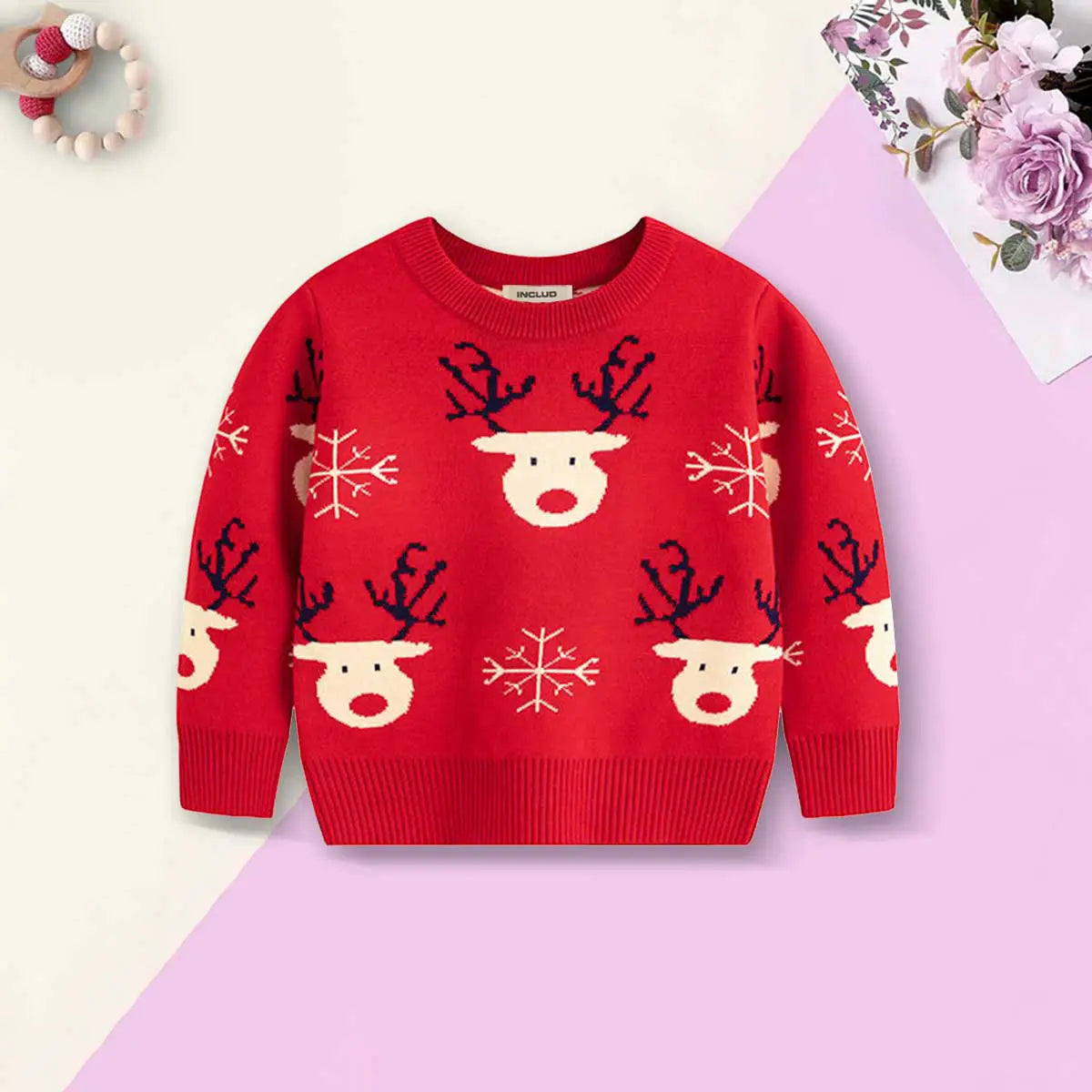 Boys Red Sweater With Self-Design Reindeer Face Patterns Sweaters & Cardigans Red 2-3 Y