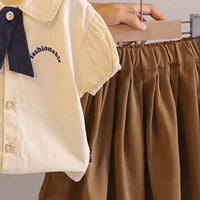 Girls Apricot Typographic Printed Top With Skirt & Necktie Sets Sets