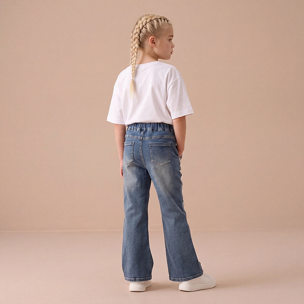 Girls Blue Flared Elasticated Denim Jeans Pants