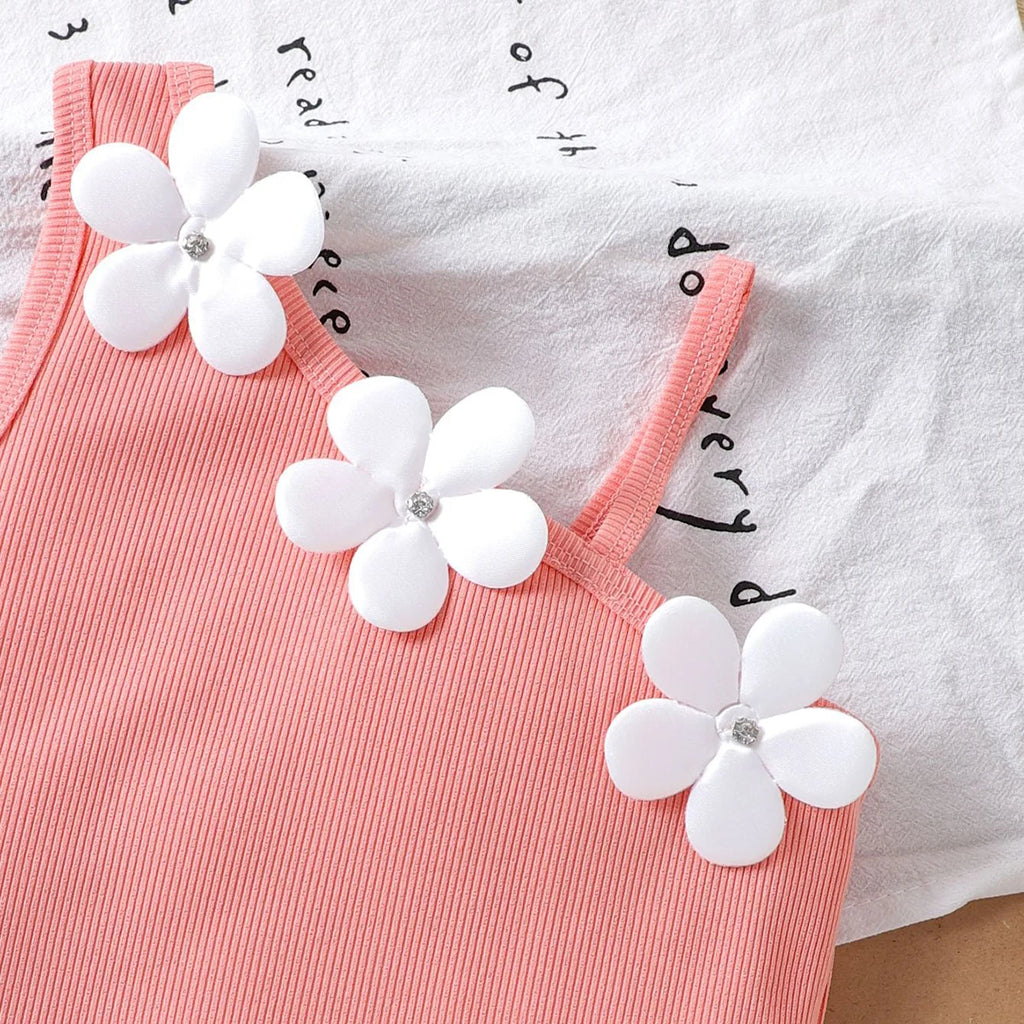 Girls Peach Floral Applique One-Shoulder Top With Shorts Sets 2 pc. Sets