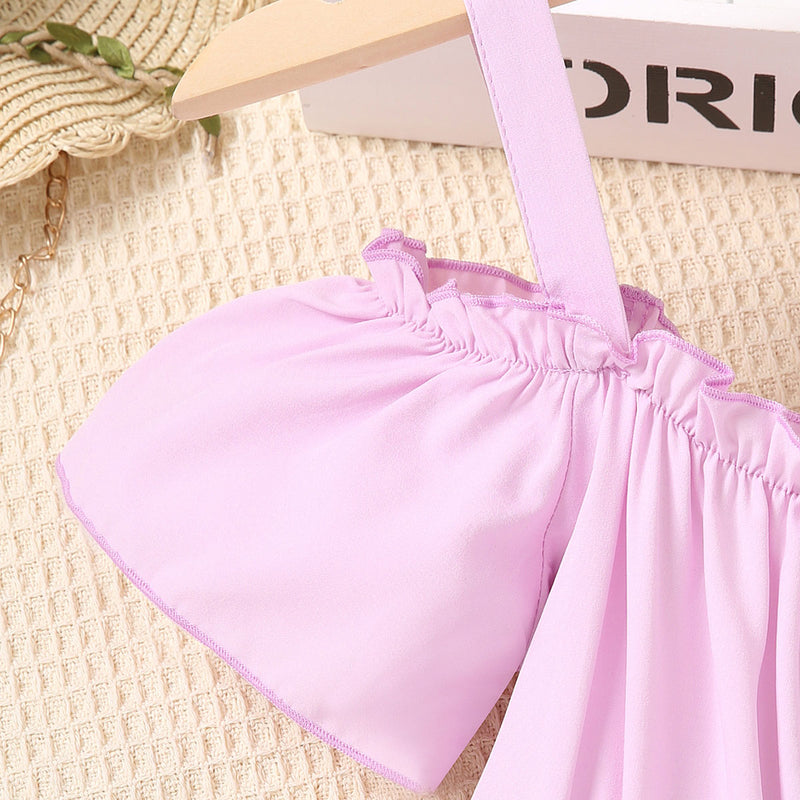 Girls Purple Off Shoulder Floral Embroidered Dress Casual Dresses