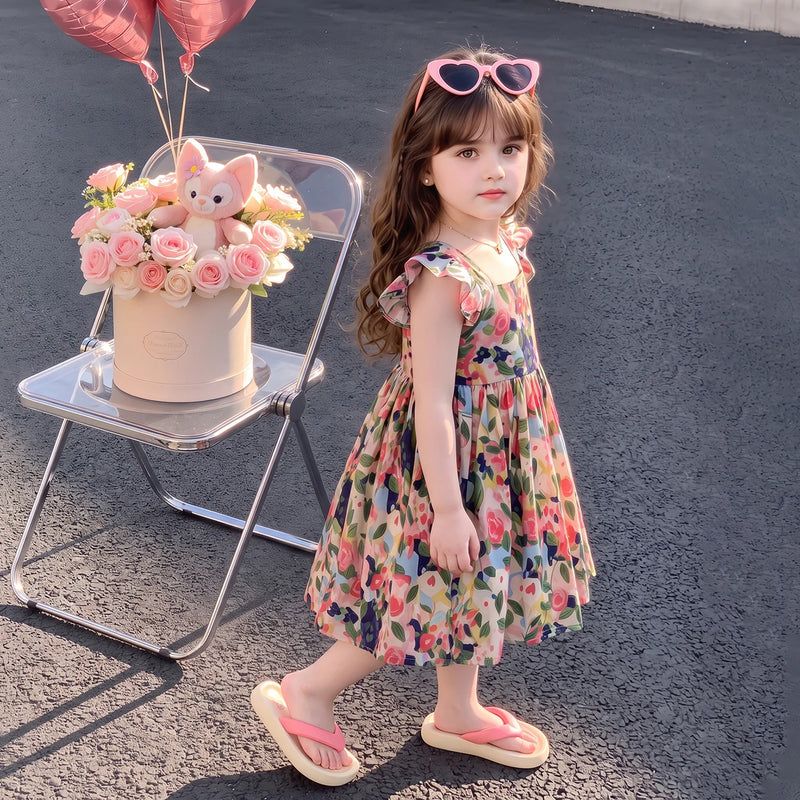 Girls Multicolour Floral Print Flutter Sleeve Fit & Flare Dress Casual Dresses
