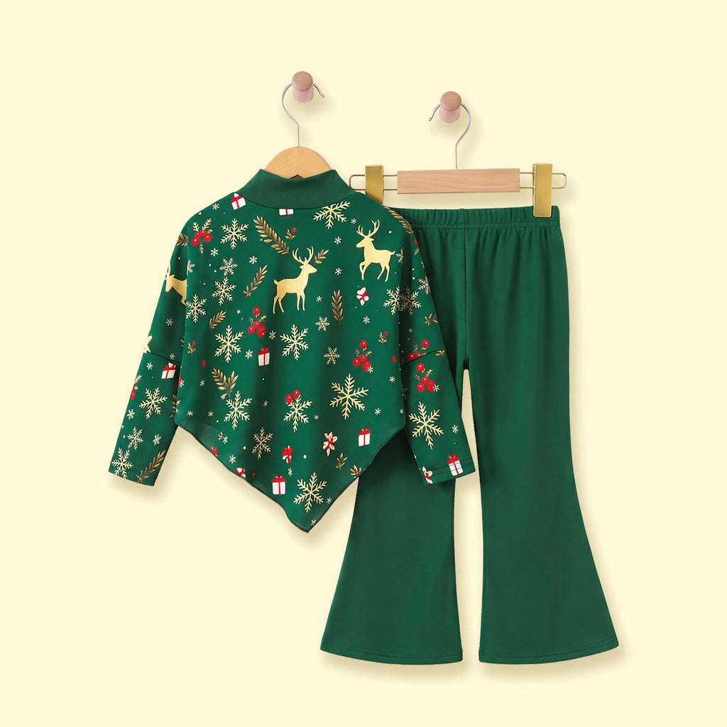 Girls Green Christmas Theme Printed Top With Pants Sets 2 pc. Sets
