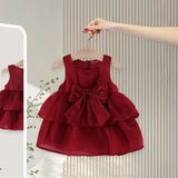 Girls Maroon Layered Party Dress With Big Bow Applique