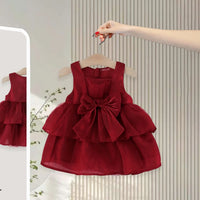 Girls Maroon Layered Party Dress With Big Bow Applique Party Dresses Maroon 1-2 Y