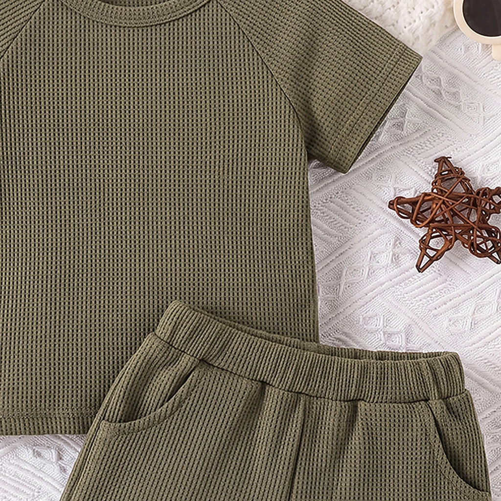 Boys Olive Green Waffle Knit Raglan Sleeve T-Shirt With Shorts Sets 2 pc. Sets
