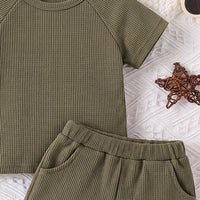 Boys Olive Green Waffle Knit Raglan Sleeve T-Shirt With Shorts Sets 2 pc. Sets