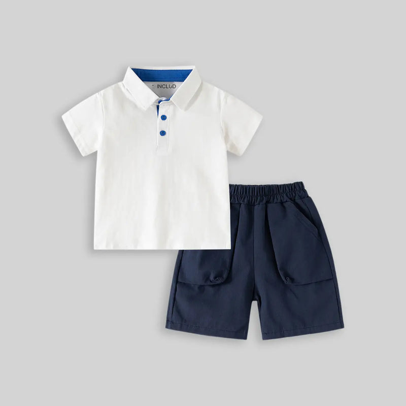 Boys White Short Sleeve Polo T-Shirt With Elasticated Shorts Sets Sets