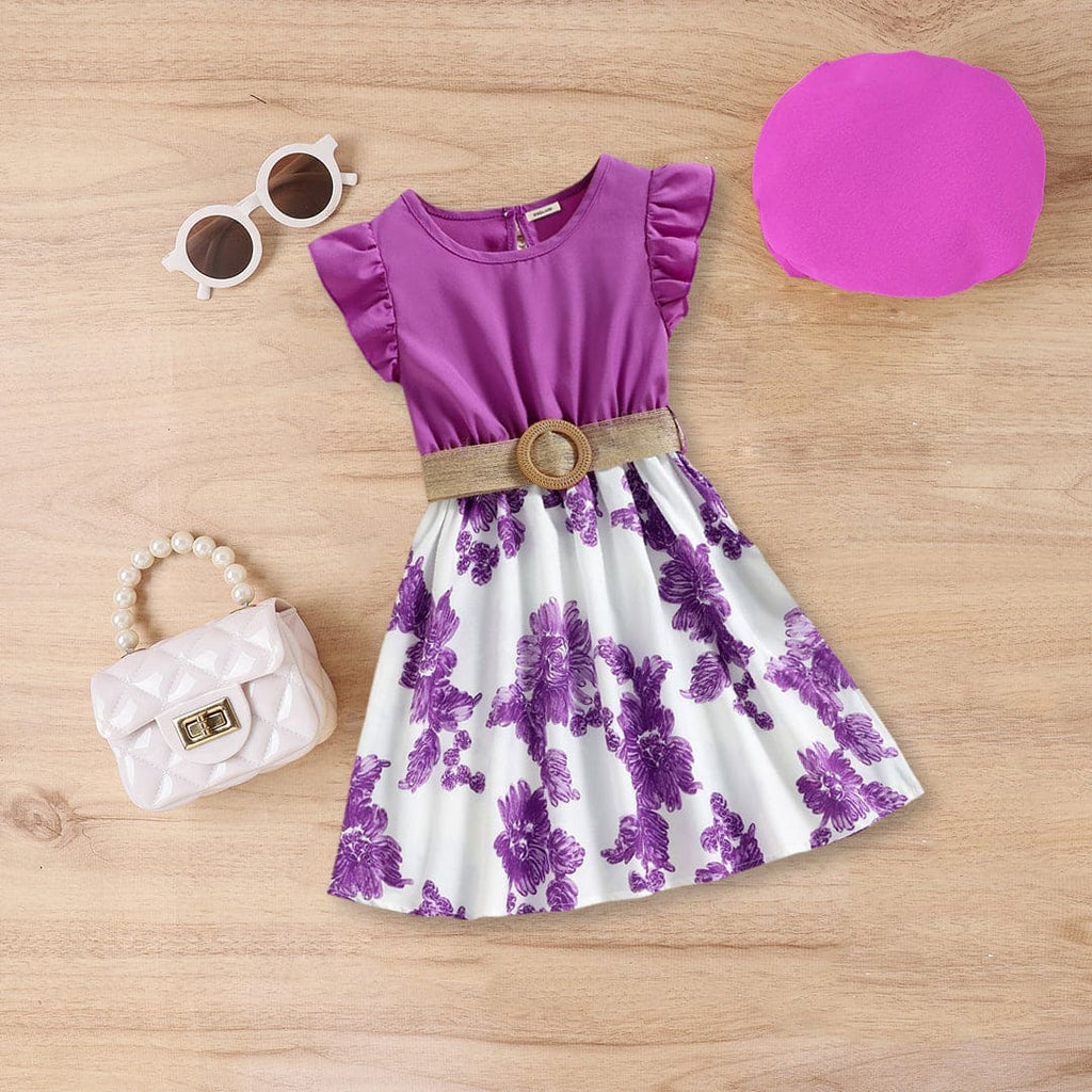 Girls Cap Sleeve Floral Printed Fit & Flare Dress With Belt Casual Dresses Purple 3-4 Y 