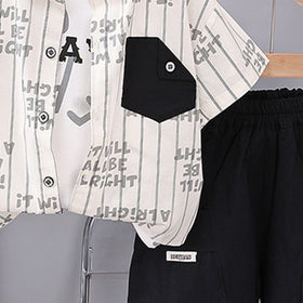 Boys Contrast Pocket Striped Shirt With Black Cargo Shorts Set 2 pc. Sets