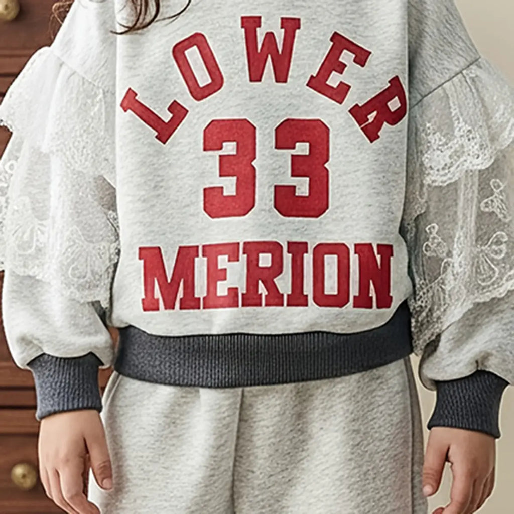 Girls Light Grey Alphanumeric Printed Sweatshirt & Pant Sets Sets