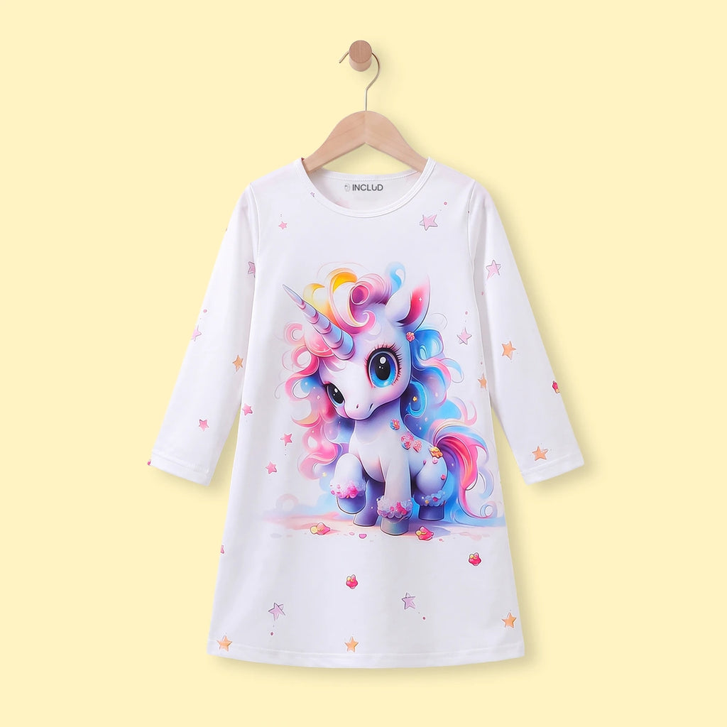 Girls White Unicorn Printed T-Shirt Dress Casual Dresses White 2-3 Y