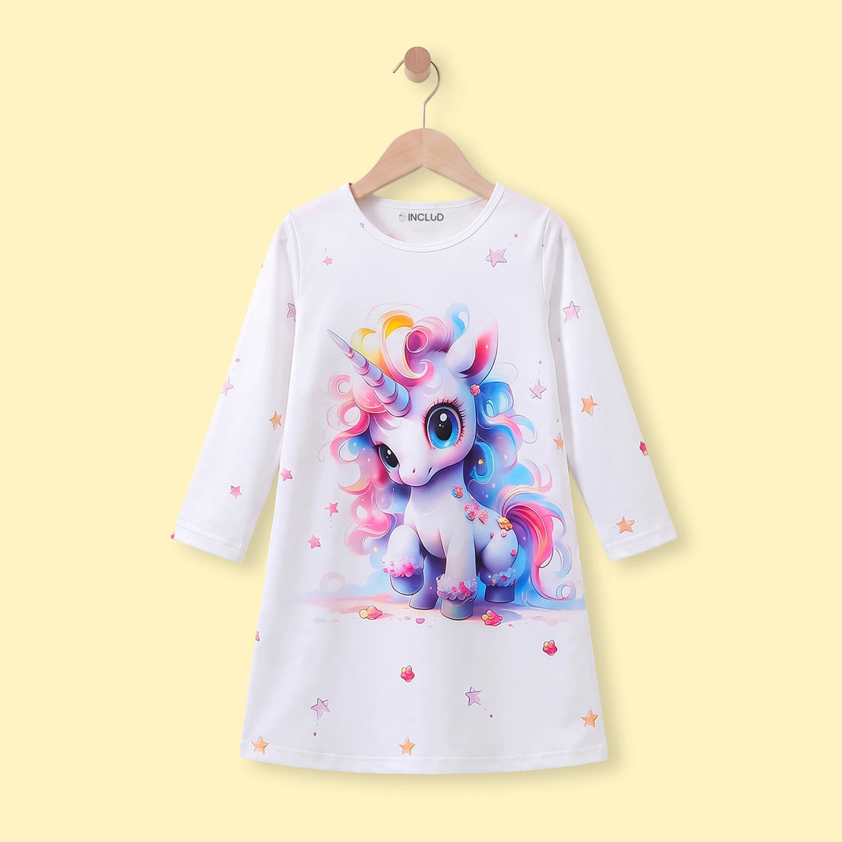 Girls White Unicorn Printed T-Shirt Dress Casual Dresses White 2-3 Y