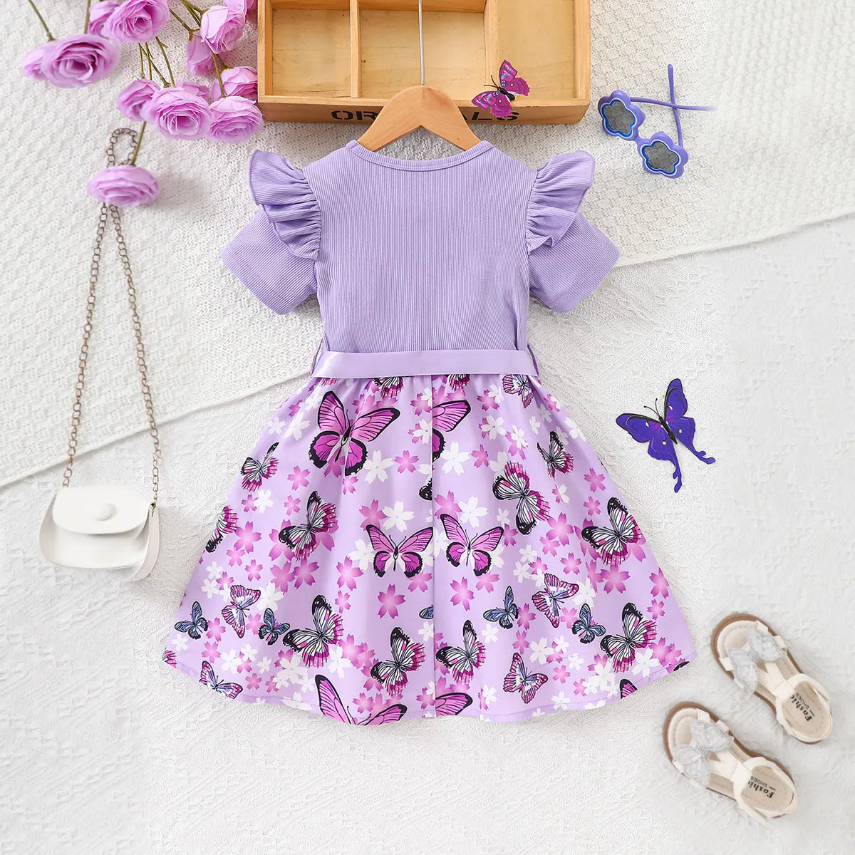 Girls Lavender Butterfly Print Flutter Sleeve Fit & Flare Dress Casual Dresses
