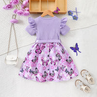 Girls Lavender Butterfly Print Flutter Sleeve Fit & Flare Dress Casual Dresses