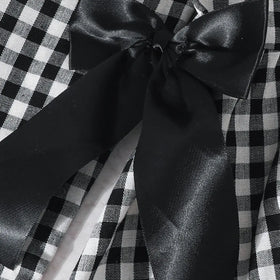 Girls Black Checked Long Sleeves Fit & Flare Dress With Bow Details Casual Dresses