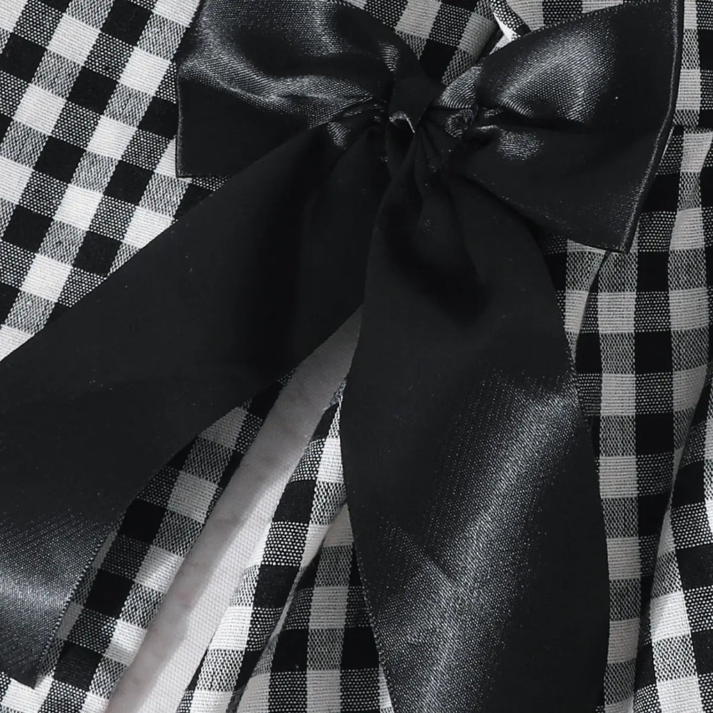 Girls Black Checked Long Sleeves Fit & Flare Dress With Bow Details Casual Dresses