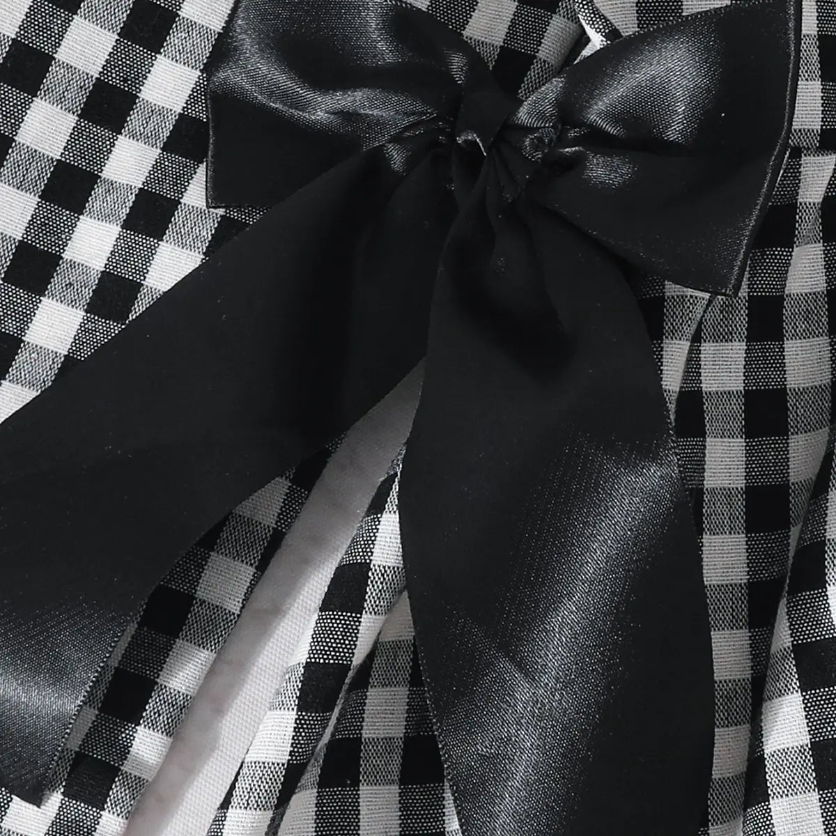 Girls Black Checked Long Sleeves Fit & Flare Dress With Bow Details Casual Dresses