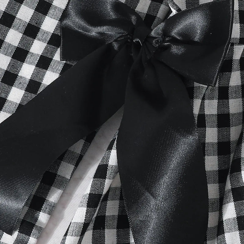 Girls Black Checked Long Sleeves Fit & Flare Dress With Bow Details Casual Dresses