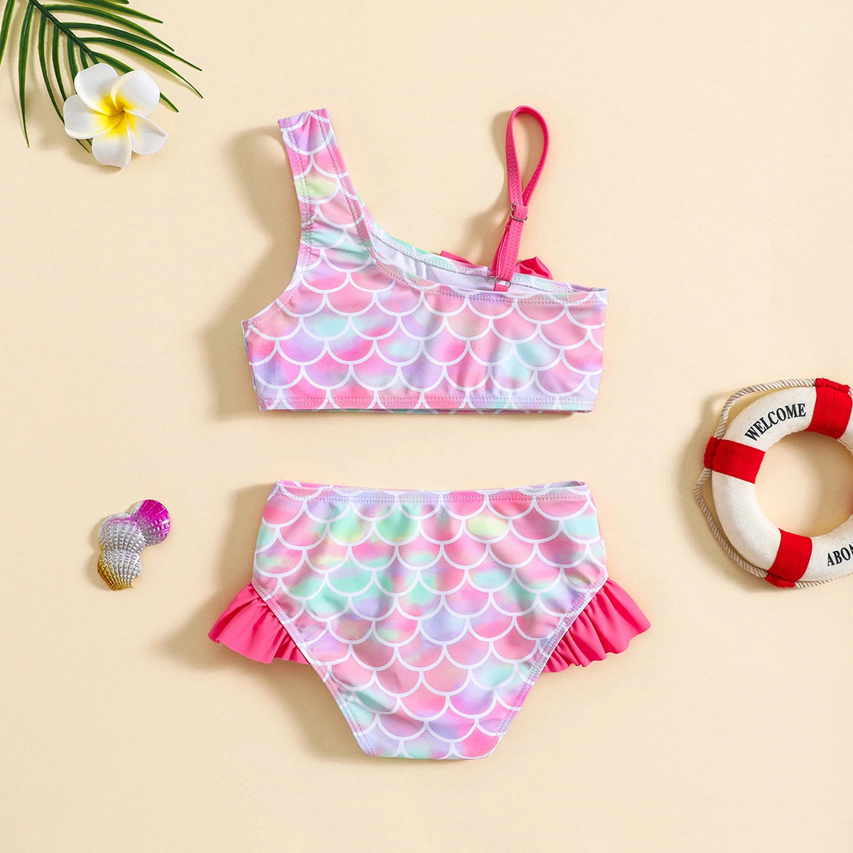 Girls Pink Mermaid Print Top With Briefs Two-Piece Swimwear Sets Sets