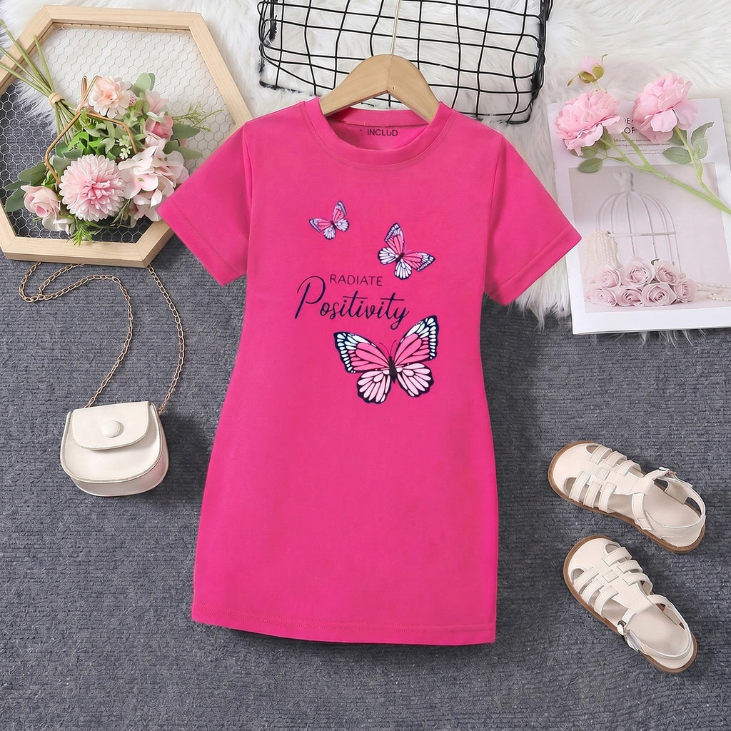 Girls Fuchsia Butterfly Print Short Sleeve T-Shirt Dress Casual Dresses Fuchsia 4-5 Y