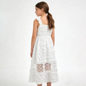 Girls White Sleeveless A-line Midi Dress With Ruffle Details Casual Dresses