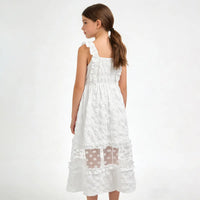 Girls White Sleeveless A-line Midi Dress With Ruffle Details Casual Dresses
