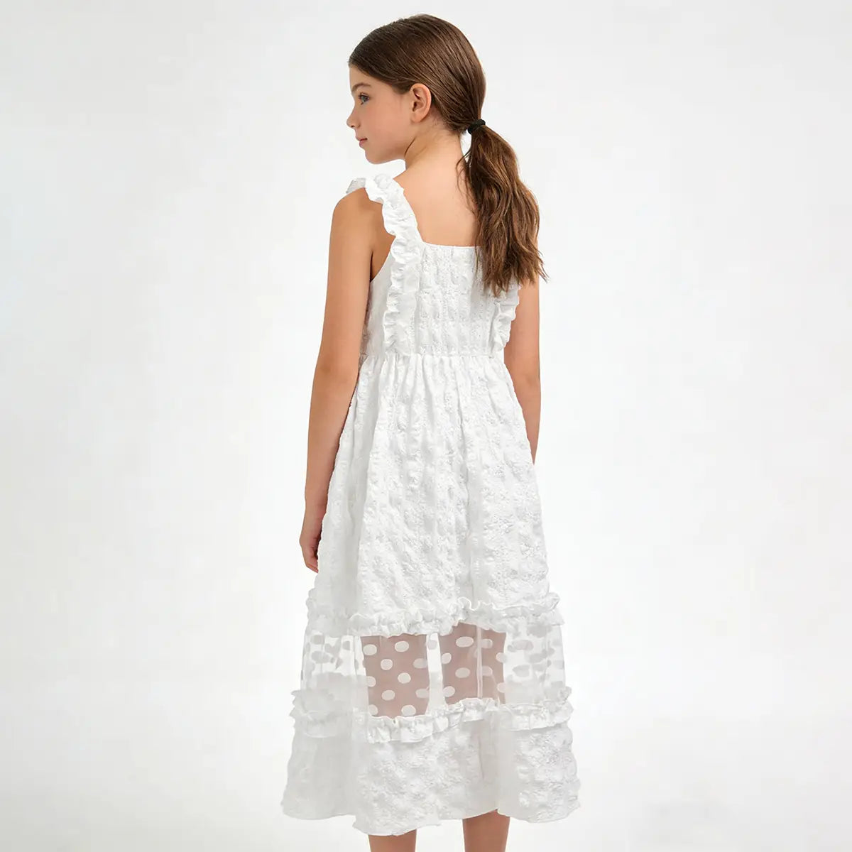 Girls White Sleeveless A-line Midi Dress With Ruffle Details Casual Dresses