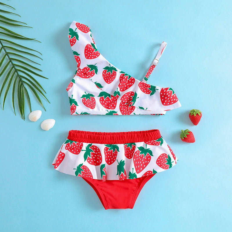 Girls Red Strawberry Printed Top With Ruffled Briefs Swimwear Sets Sets Red 1-2 Y