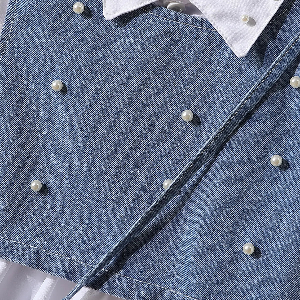 Girls White Long Sleeves Tiered Dress With Pearl Embellishments Denim Vest & Sling Bag Casual Dresses