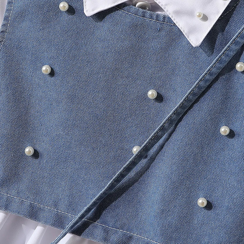 Girls White Long Sleeves Tiered Dress With Pearl Embellishments Denim Vest & Sling Bag Casual Dresses
