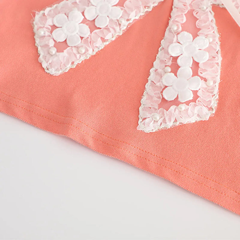 Girls Peach Bow Applique Flutter Sleeve Top With Denim Shorts Sets 2 pc. Sets